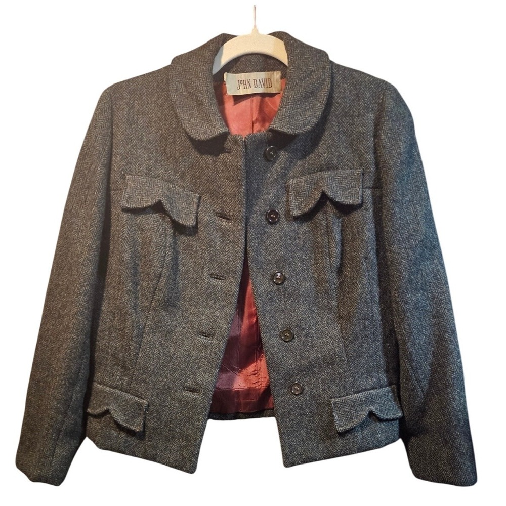 Classic Tweed‎ Herringbone Wool Blend Blazer Women M Gray Career  #357